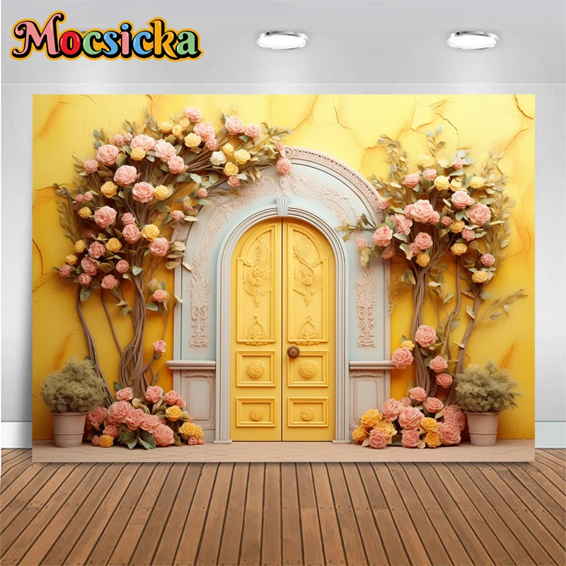 Spring Art Flower Photography Background Yellow Wall Door Potted Plant Child Adult Girls Backdrop Wallpaper Decoration Photozone