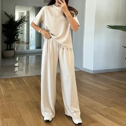 LIYONG Women Two Piece Set Summer Simple Casual Solid Office Round Neck Short Sleeve Top Drawstring Loose Wide Legs Pants Sets