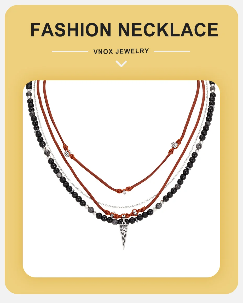 Vnox Herren Mehrschichtige braune Lederkette mit schwarzem Onyx-Perlenanhänger aus Legierung, dreieckig, Boho Surf, handgefertigte Halsketten, Schmuck, Geschenk – Detail 1