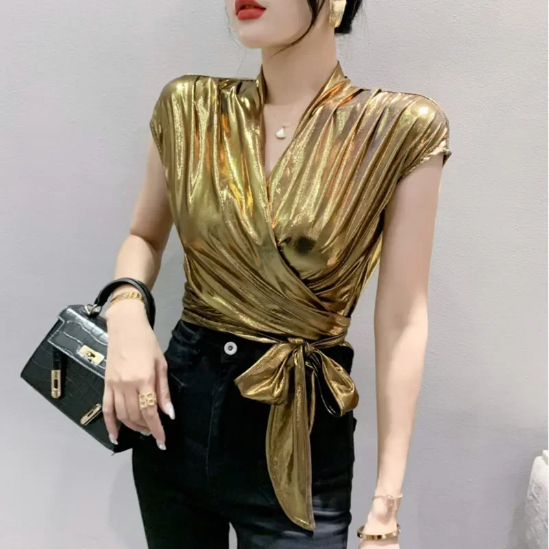 Gold Silver Green Shinny Sleeveless T Shirt Women Sexy Streetwear Sexy Irregular Short Wrap T-shirt Female Bandage Summer Z419