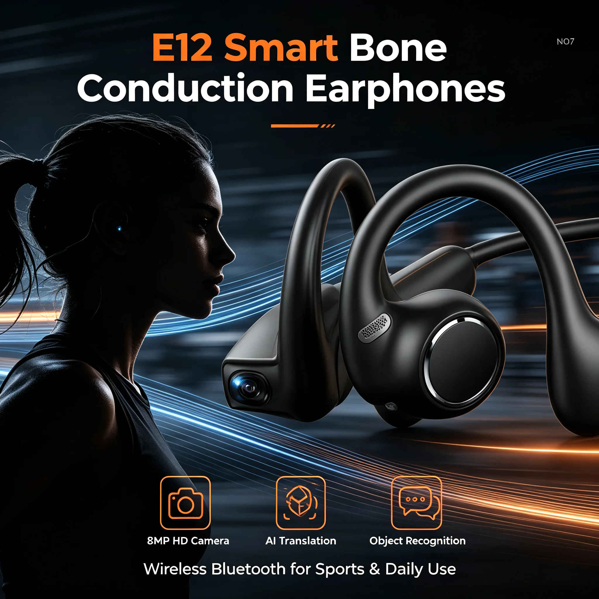 ZNP E12 Bone Conduction Earbuds Bluetooth 6.0 Open Ear Headphones EIS Video Stabilization 12H Battery 8MP Camera IPX5 Sport Wate