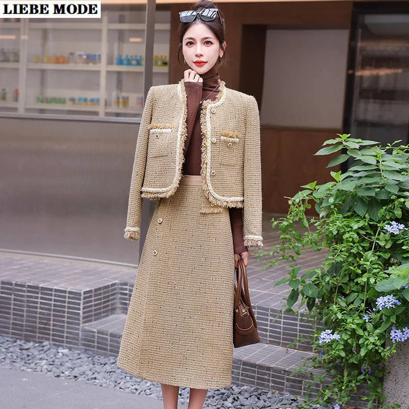 

Elegant Short Jacket Coat High Waist Midi Skirt 2 Piece Sets Womens Outfits Tweed Skirt Suits Female Fashion Vintage 2-Piece Set
