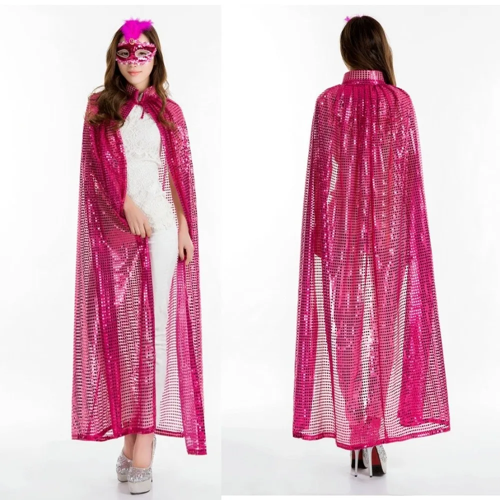 Fashion Long Shiny Sequin Cape Fantasy Vintage Halloween Cosplay Robe Stand Collar Lightweight Shiny Cloak Party