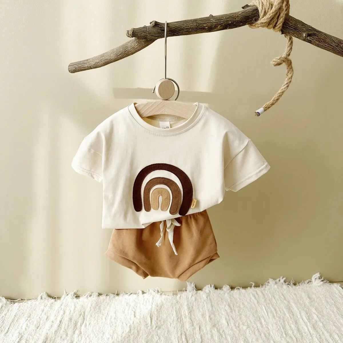 Baby Clothes Set Boys Girls Casual Rainbow Patchwork Sleeved T-shirt Shorts Kids 2PCS Summer