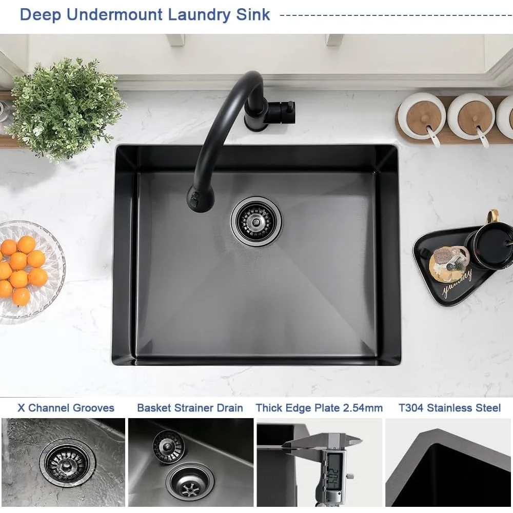 حوض غسيل من الفولاذ المقاوم للصدأ باللون الأسود غير اللامع مقاس 24 × 19 بوصة مع مقياس 16 لغرفة المرافق