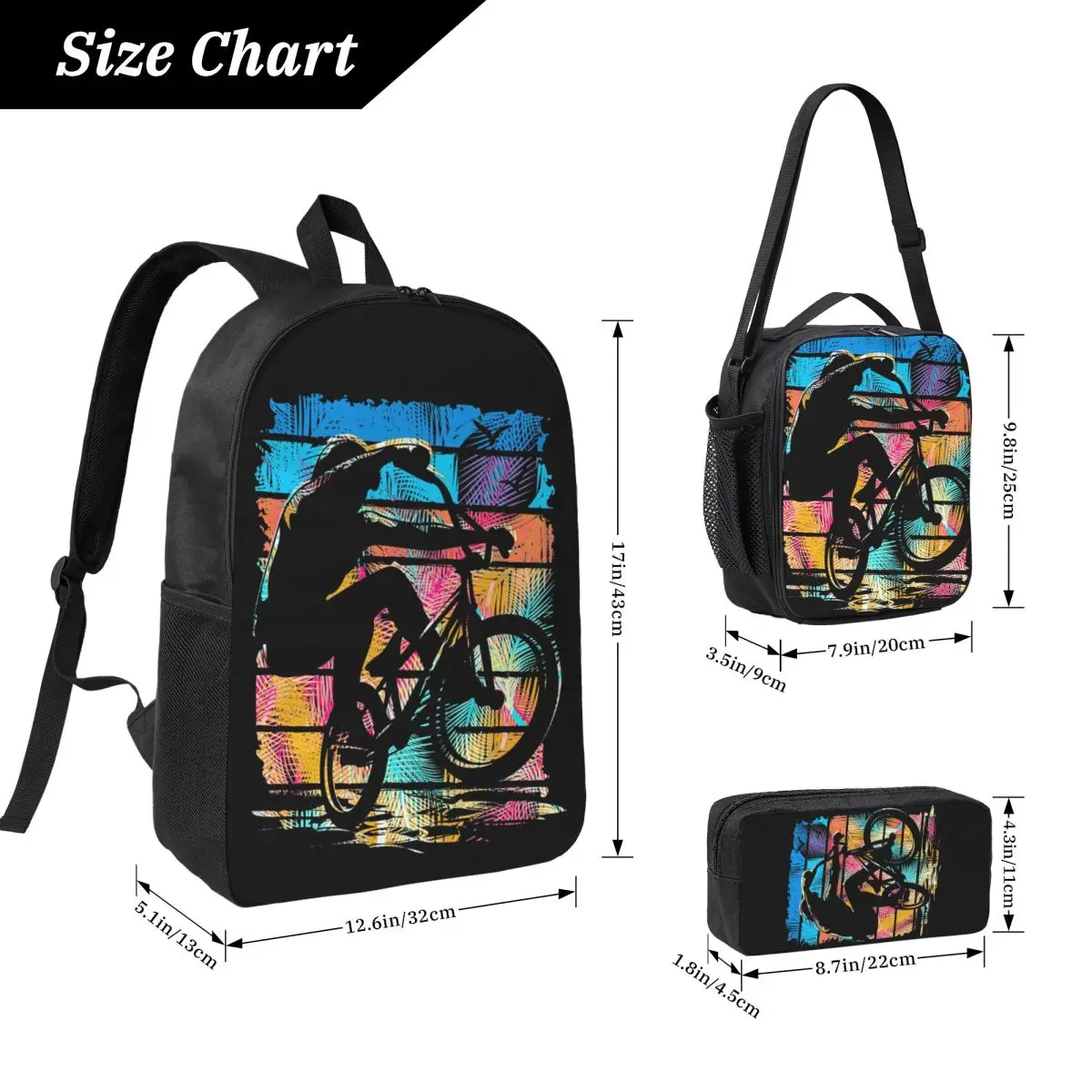 Retro Bmx Apparel Bmx Bike Backpack Boys Girls BookBag School Bag Computer Shoulder Bags 3ps Insulated Lunch Bag Pencil Case