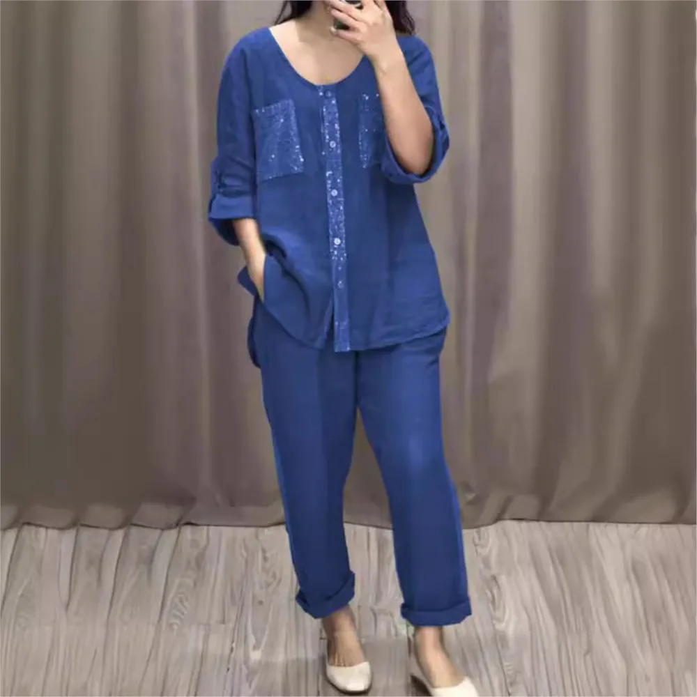 Camicia tascabile casual di colore moda Abito da donna Primavera Autunno Pantaloni slim con maniche a sette punti Tinta unita Set da 2 pezzi per