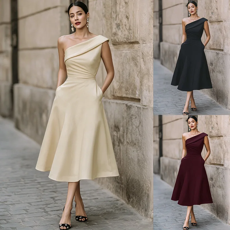 Neues Damen Sexy One-Shoulder-Kleid Elegantes Rückenfreies Maxikleid Modernes Einfarbiges Figurbetontes Abendkleid Sommer-Partykleider