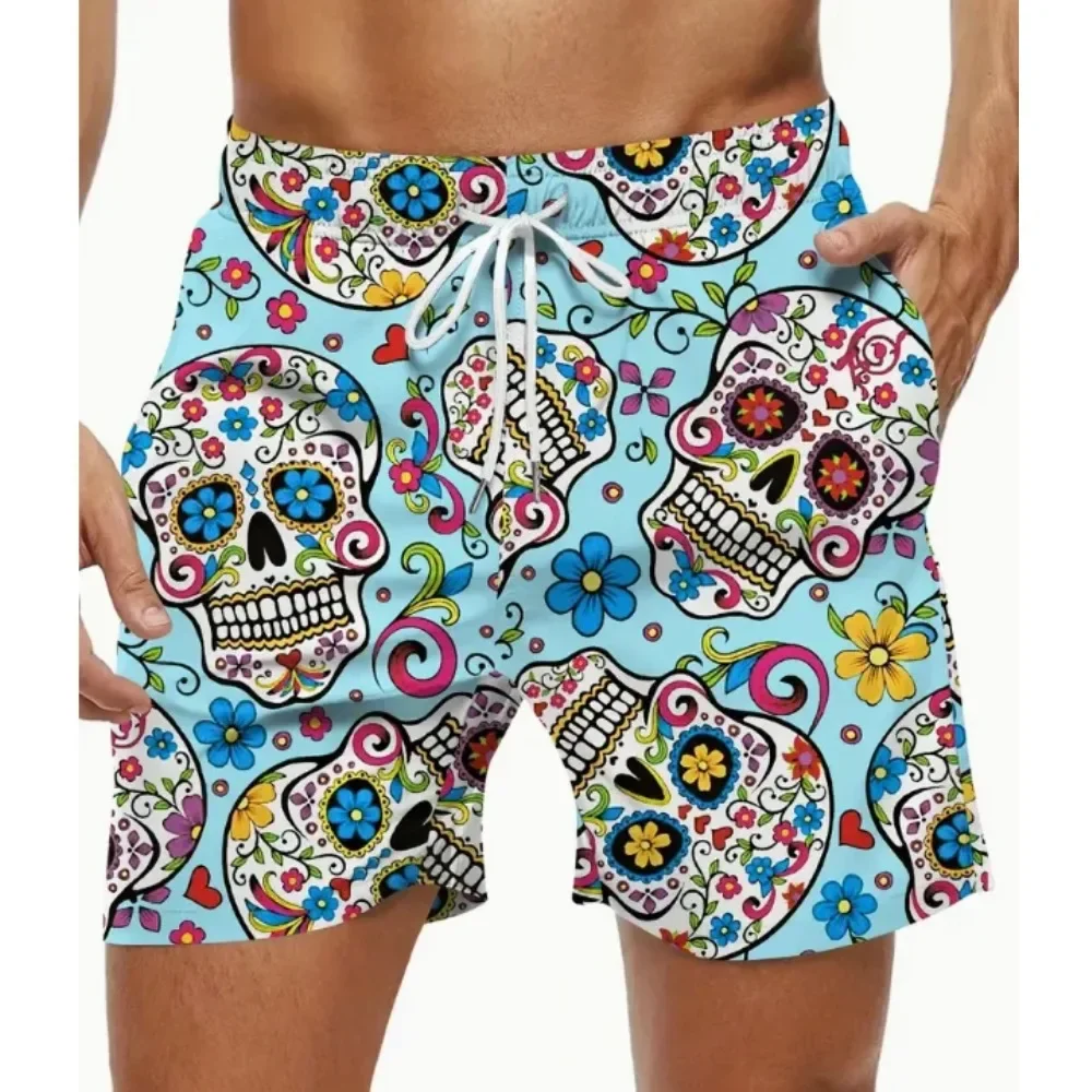 

Летние мужские шорты с рисунком черепа в этническом стиле, шнурки и карманы, шикарные и модные повседневные пляжные и праздничные шорты