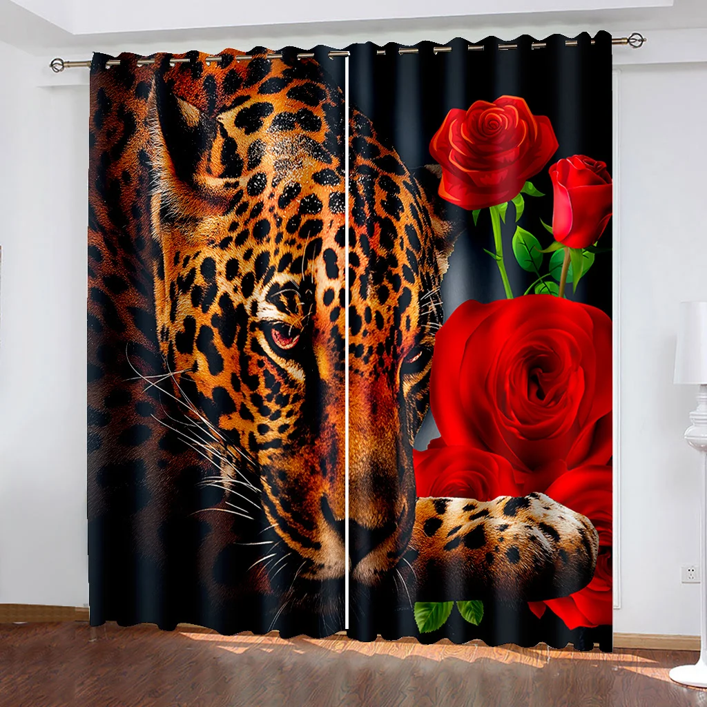 Ready-made Modern Red Rose Wild Tiger Thin Window Curtains For Kids Bedroom Living Room Bathroom Kicthen Door Hall Home Decor