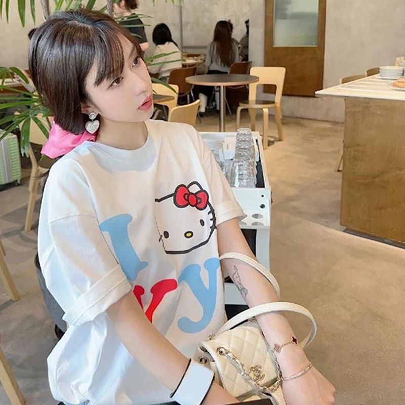 女性のためのハローキティプリントTシャツ,白いカワイイトップス,和風,サンリオ服,ゆったりとした服,かわいい子猫猫,y2k