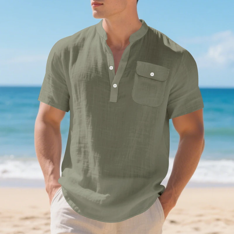 2026 Summer American Linen Henley Short Sleeve T-Shirt, Men Loose Breathable Workwear Casual Tops For Commute Wholesale