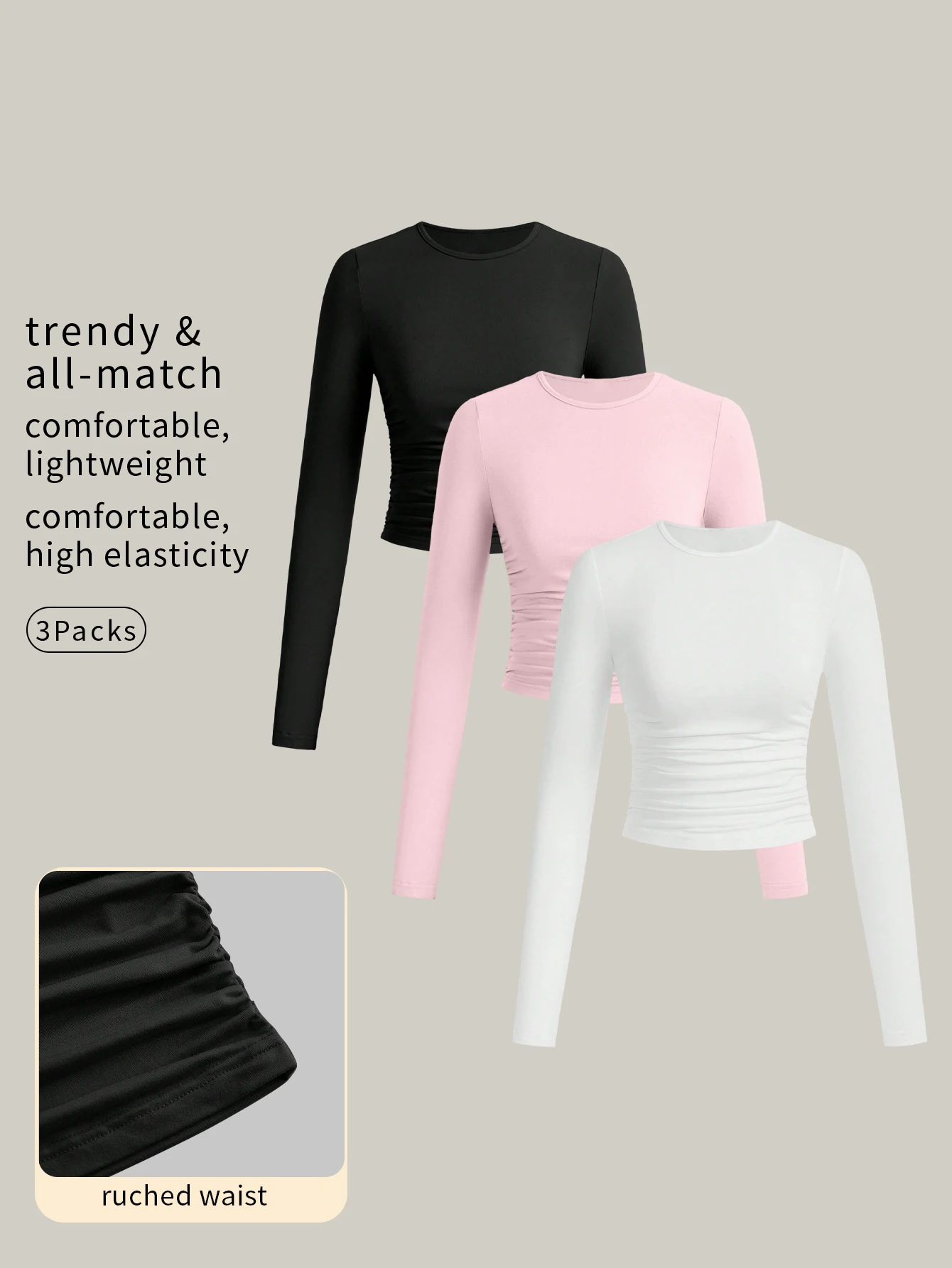 Camiseta informal de manga larga plisada con cuello redondo y color liso para mujer, de 3 piezas, adecuada para el verano