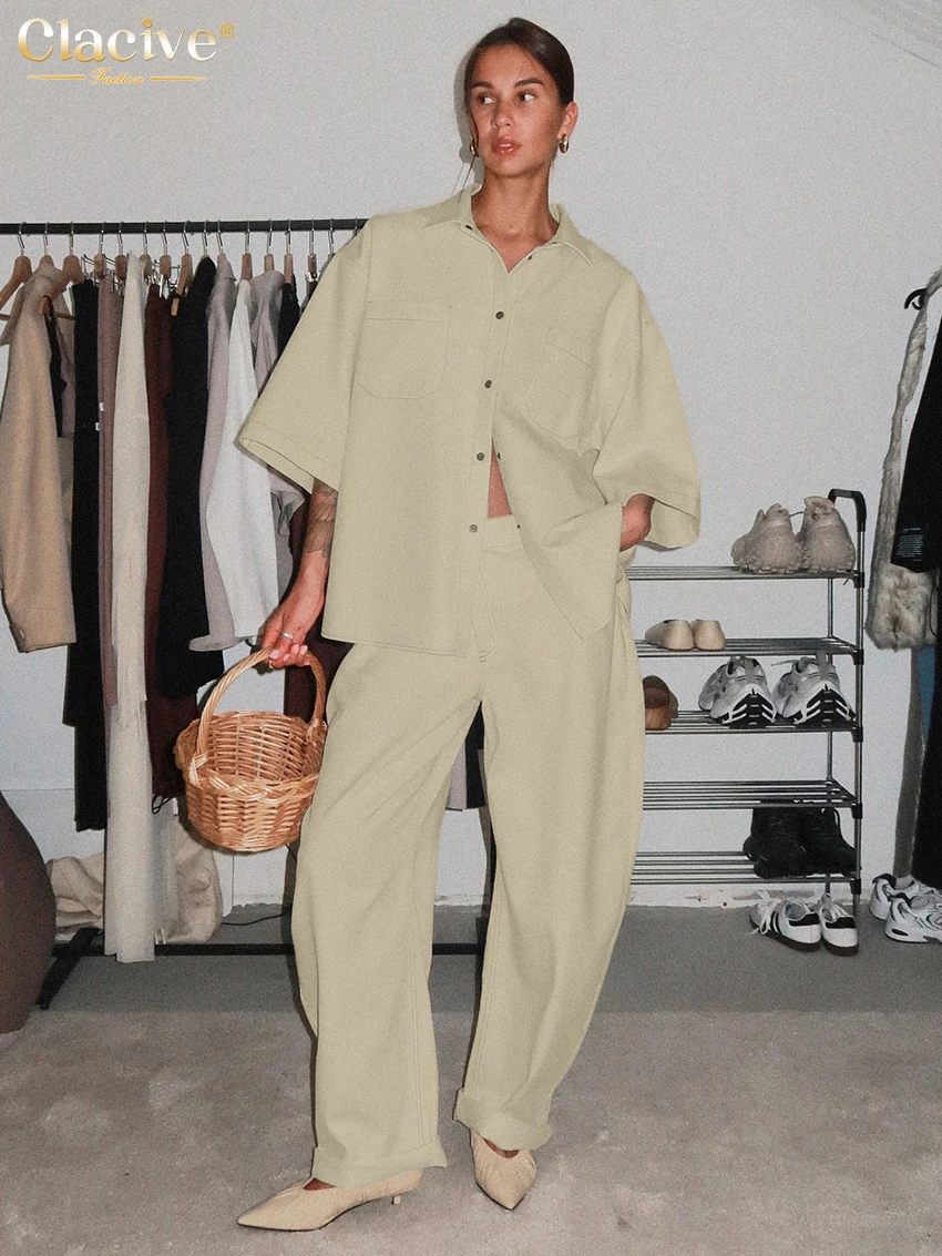 

Clacive Casual Loose Beige Cotton 2 Piece Set Women 2025 Fashion Long Sleeve Shirt With High Waist Wide Pants Set Female Cloting