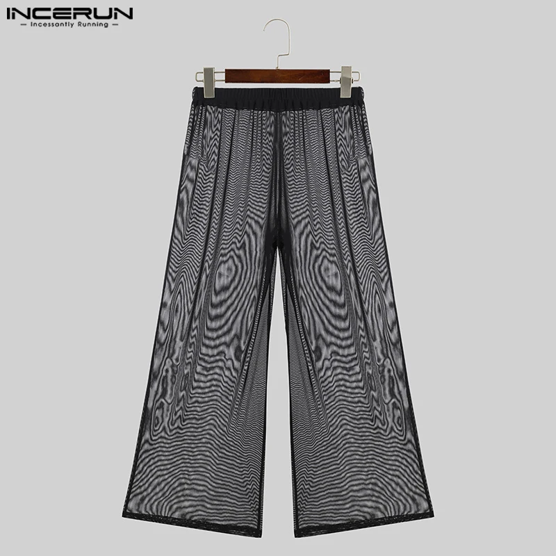 New Men Party Clubwear Trousers INCERUN 2024 American Style Fashionable Sexy Glittering Fabric Perspective Thin Long Pants S-5XL