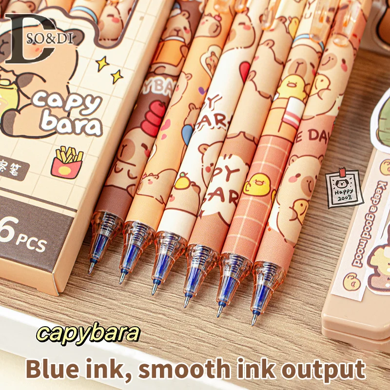 6 Stück Kawaii Capybara Gel Pen Set schwarz blau Tinte schnell trocknende niedliche Presse Gel Stifte ästhetische Schreibwaren Schule Bürobedarf