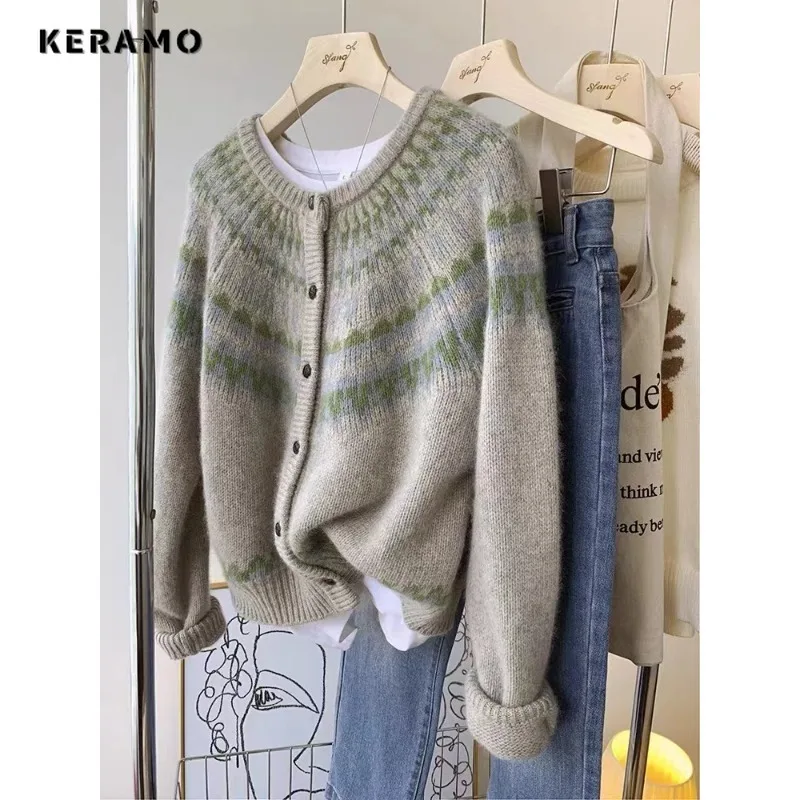 

Women Vintage Striped Knitting Long Sleeve Round Neck Cardigans 2023 Winter Fashion Casual Baggy Single Breasted Sweater