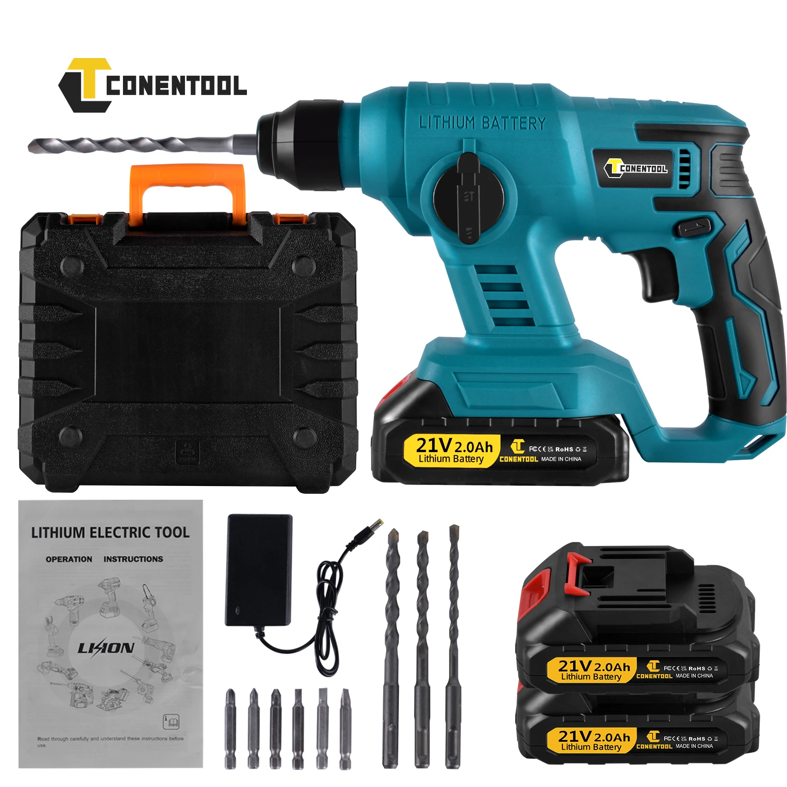 CONENTOOL 21V Cordless SDS Hammer Drill Power Drill Set + 2 Battery & Charger Electric Drills 2000mAh Power Tool Set 1200 RPM