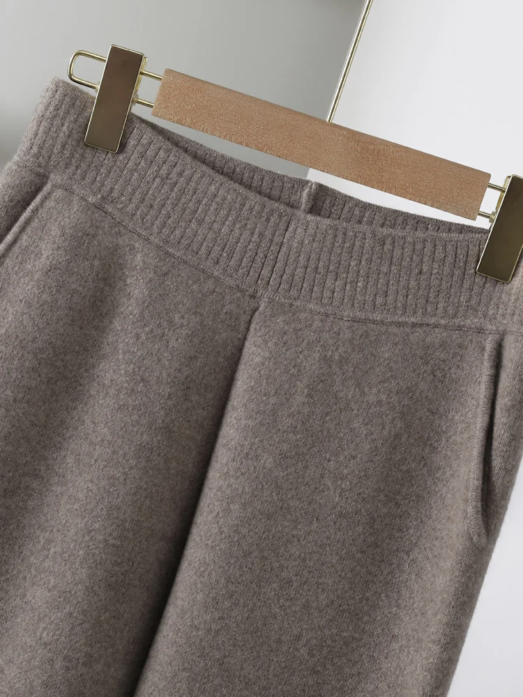 Новые шикарные женские трикотажные брюки из 100% мериносовой шерсти с широкими карманами, осень-зима, толстые повседневные стильные мягкие теплые элегантные вязаные брюки