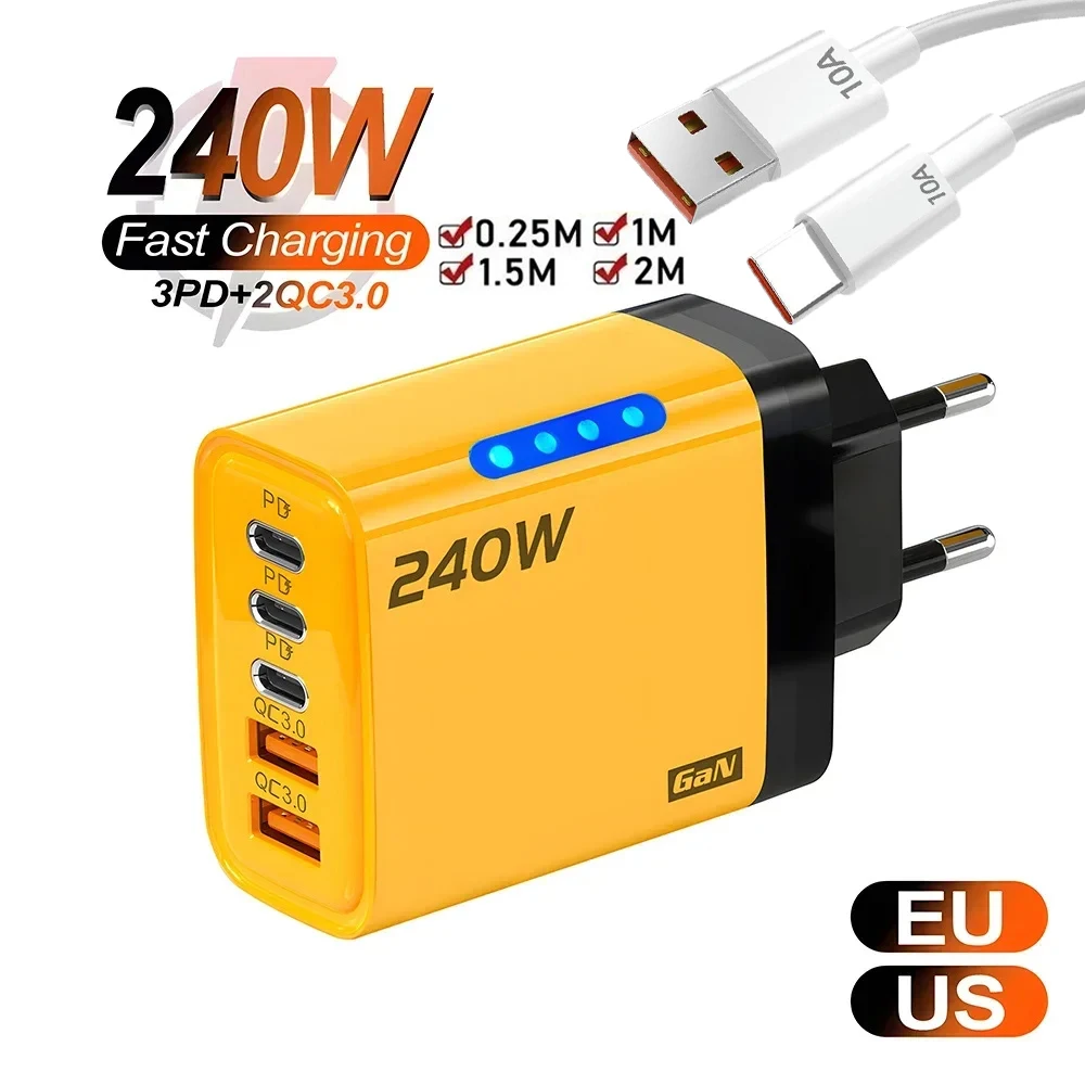 

5 in 1 GaN USB C Charger 240W Fast Charging Adapter 10A USB To Type C Cable 3PD 2USB QC3.0 Chargers for iPhone 16 Samsung Xiaomi