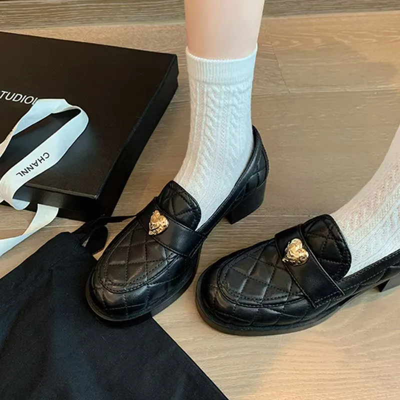 أسود كعب مكتنز أحذية لوفر للإناث النساء الخريف جديد سميكة وحيد الانزلاق على الجلود الضحلة أنيقة أحذية مصممين الأزياء #2