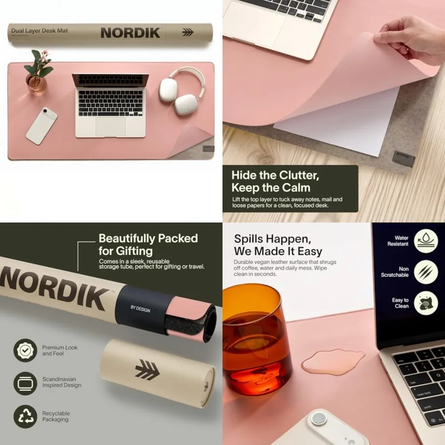 

Nordik Felt and Leather Desk Mat - - 35x17 Inch Felt and Vegan Leather Desk Blotter with Document Hideaway - Large Computer Mat