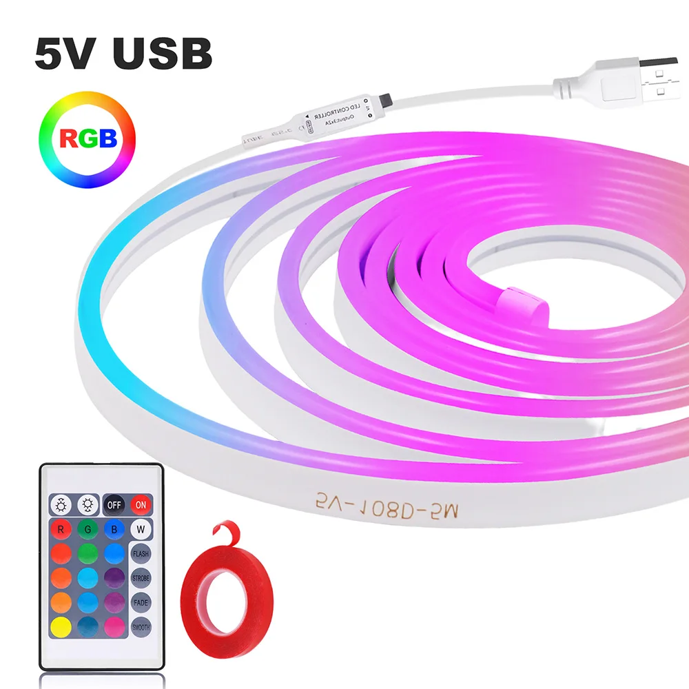 5V USB RGB Neon LED Strip Light Adhesive Tape 24key Remote Control 3535 108LED/m 6x12mm Waterproof Flexible Lamp Home Decoration