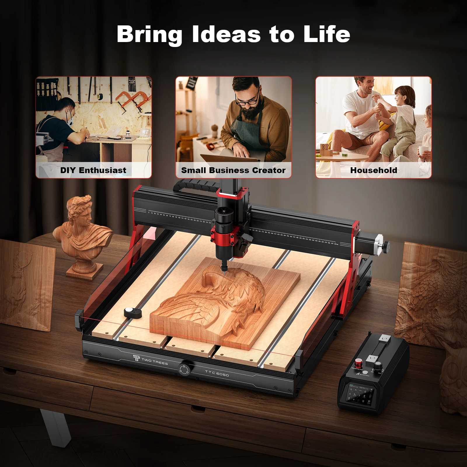 Twotrees TTC6050 CNC 목재 라우터 머신, 적외선 센서, 500W 스핀들, 600×500x100mm 작업 영역, 볼스크류, 목재, 금속, 아크릴, PCB, MDF 조각 및 밀링용