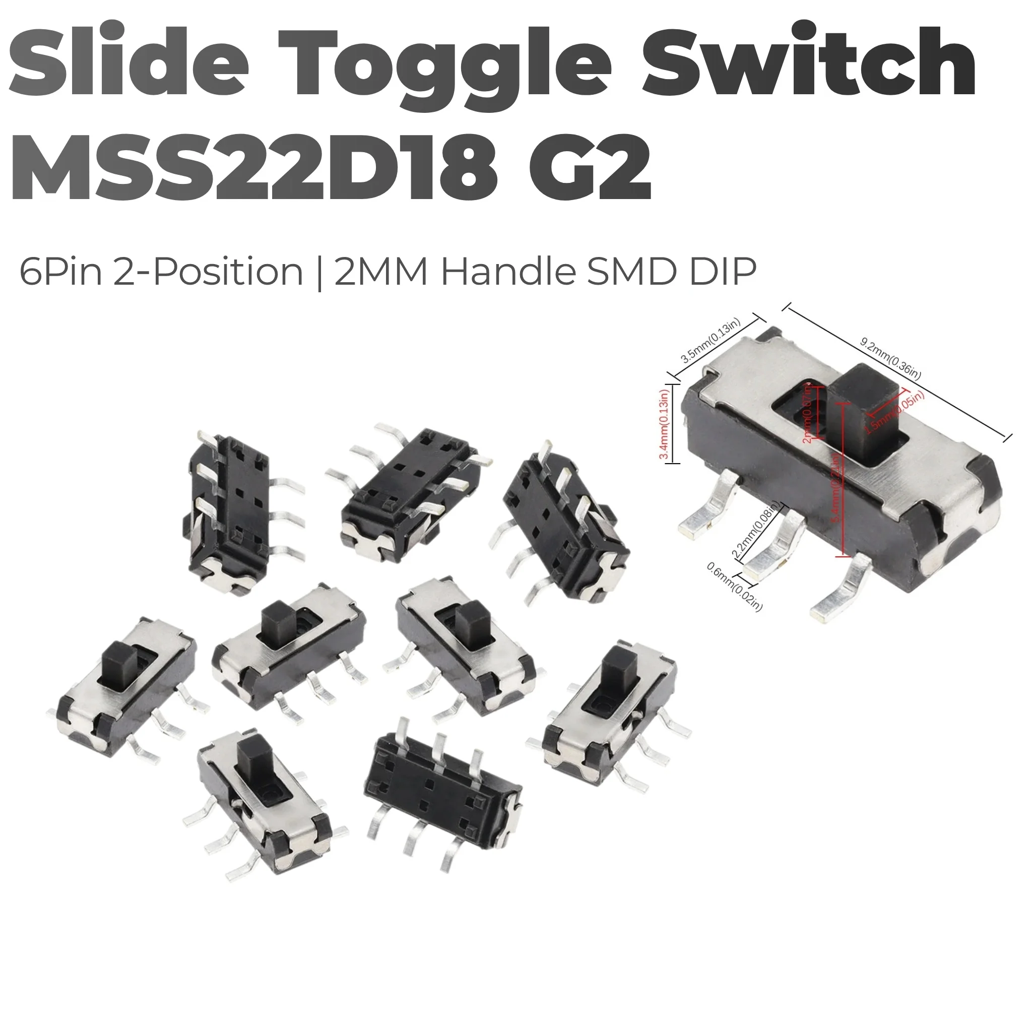 50-100pcs MSS22D18 G2 Slide Switch 6 Pin 2 Position Handle Height 2MM Toggle Switch Side Toggle For DVD Electronic Component