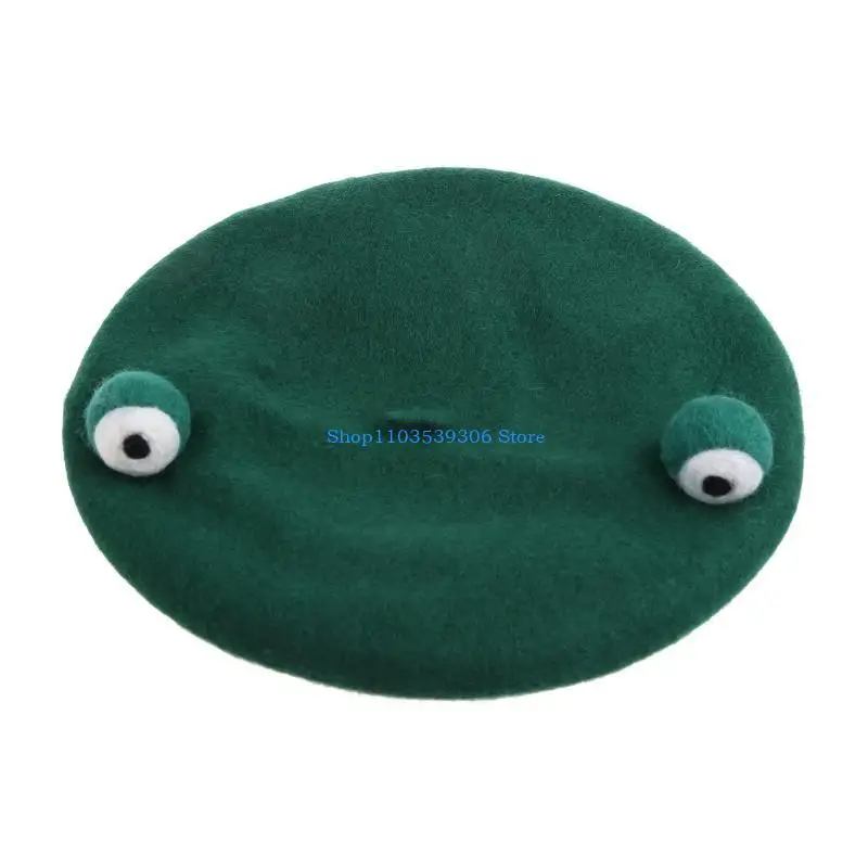 400A Women Girl French Artist Warm Wool Winter Beanie Hat Vintage Plain Color for Frog Eyes Winter Cap