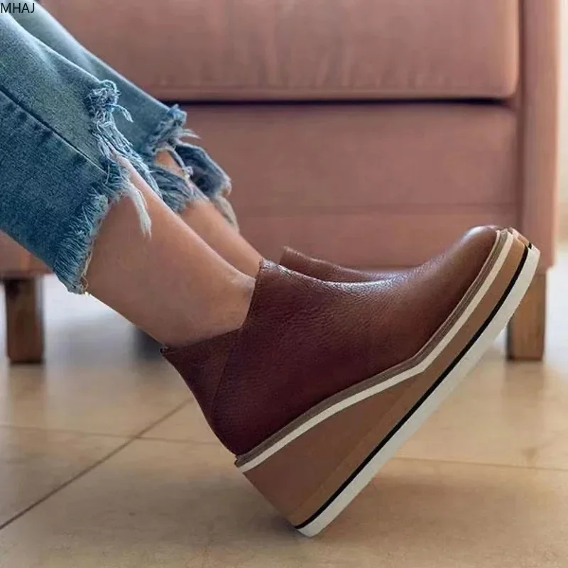 Shoes for Women 2024 Fashion Boots Zip Women\'s Round Head High Heels Autumn Winter Cowboy Wedge Shoes Ladies Botas De Mujer