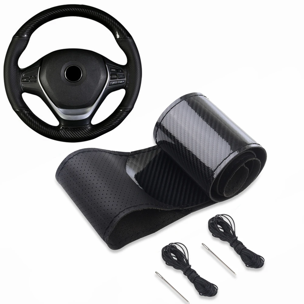 Universal Leather Car Steering Wheel Cover Case Sports Stitched Carbon Fiber Car Steering Wheel Liner Protector 37cm 38cm