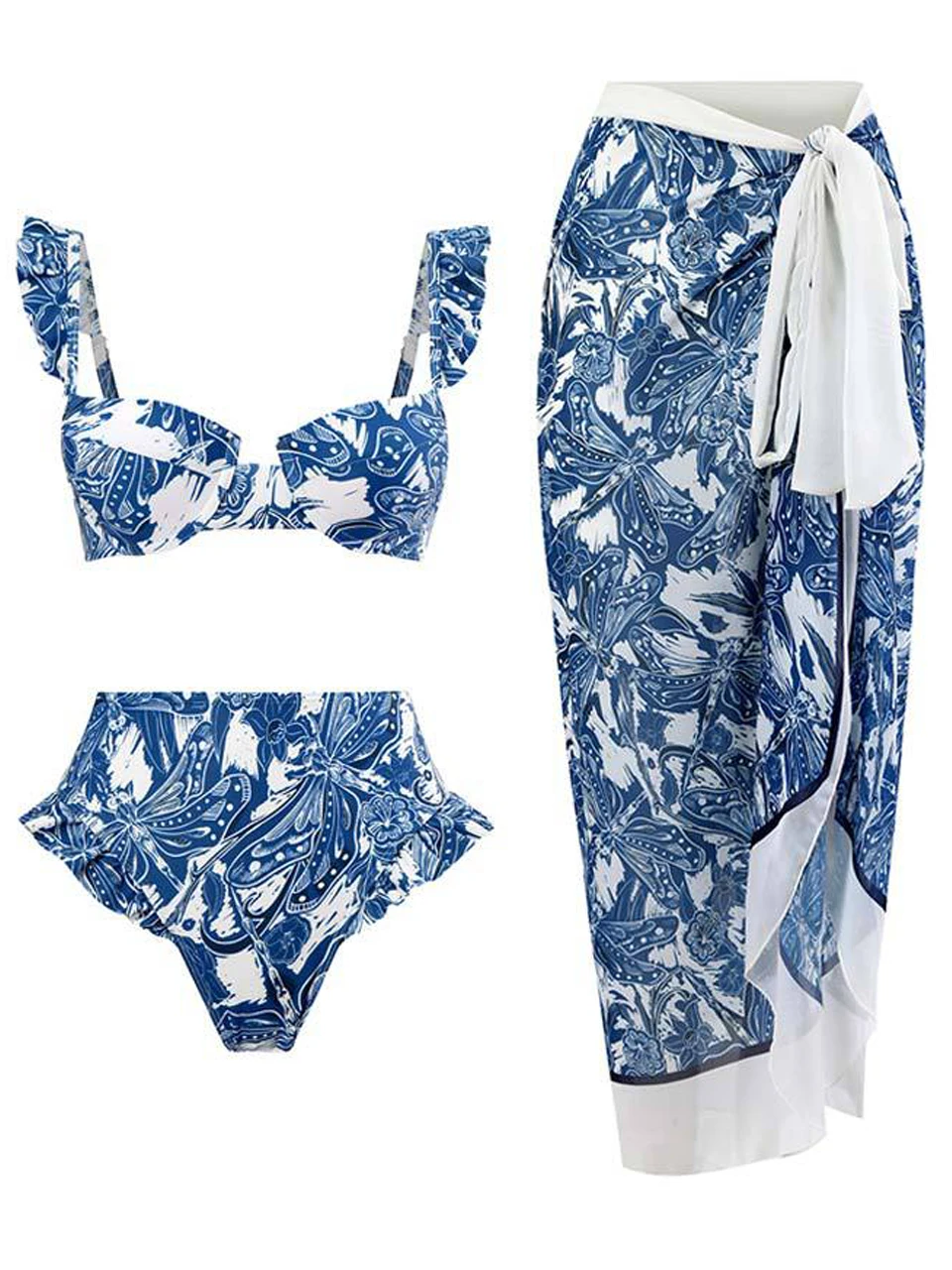 Split Ruffle Bikini & Beach Dress 2024 Women 3 Piece Vintage Print Swimwear Push Up Swimsuit Female Bathing Swimming Summer