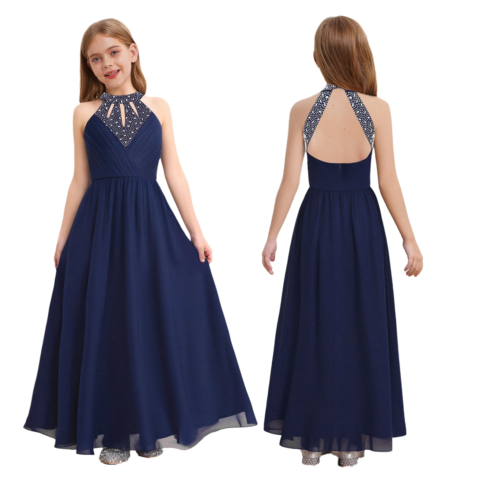 Mädchen Prinzessin Festzug Langes Kleid Kinder Strass Plissee Chiffon Ballkleider Elegantes Neckholder Ärmelloses Geburtstagspartykleid