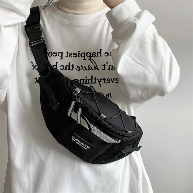 Korean Y2K Chest Bag Women and Men Purses and Handbags Reflective Stripe Waist Bag Student Crossbody Bags Sling Shoulder Bag