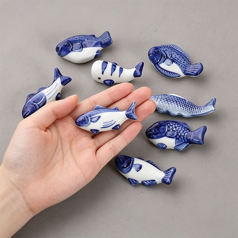 9pcs Ceramic Chopstick Rest Cute Blue Fish Utensil Holder Restaurant Spoon Stand Japanese Style Sushi Chopstick Stand for Table view 2