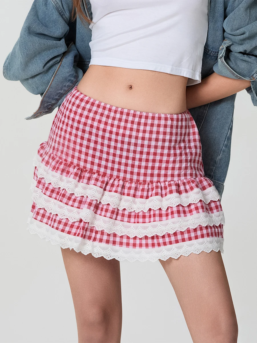 Women's  Y2K Low Waist Plaid Print Short Skirts Summer Mini Skirts Mid Waist Lace Trim A-Line Skirts Layered Ruffle Skirts