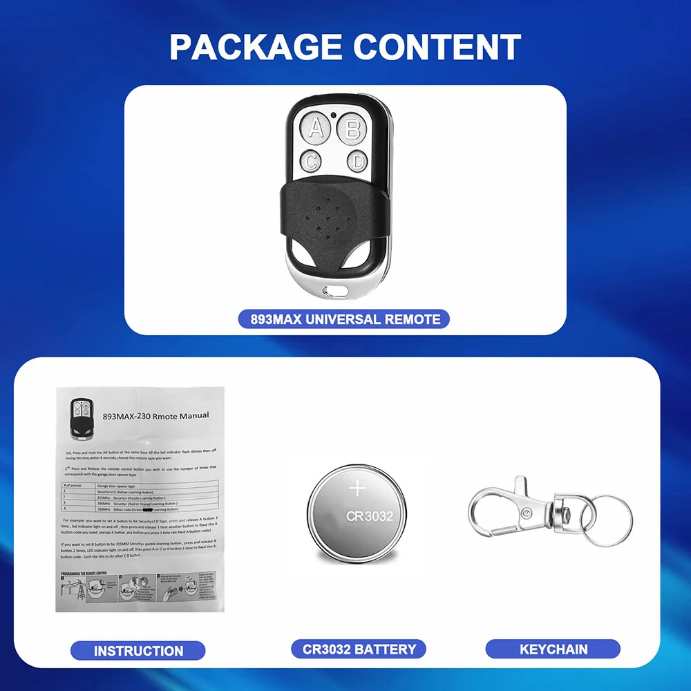 433.92MHz Remote for Gate Remote Control Key Fob 4 Buttons Universal Cloning Wireless Remote Control 315MHz for Car Garage Door