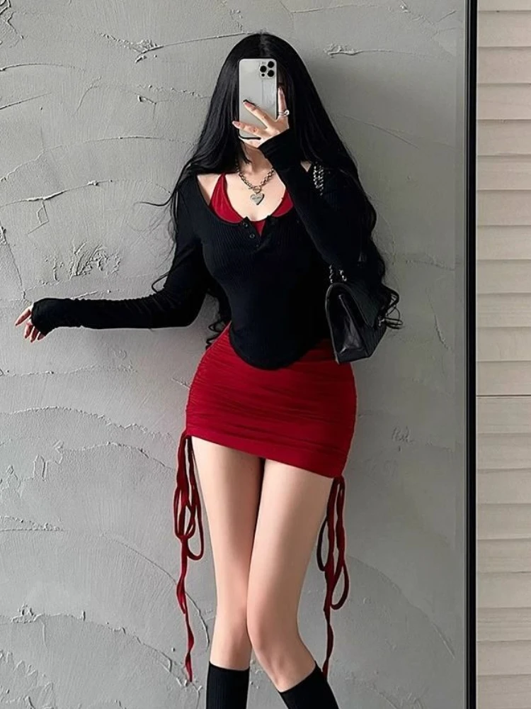 Aesthetic Sexy Skinny 2 Piece Set Strap Dress Women Elegant Y2k Slim Long Sleeve V Neck Tops + Hot Chick Lace Up Solid Dress New