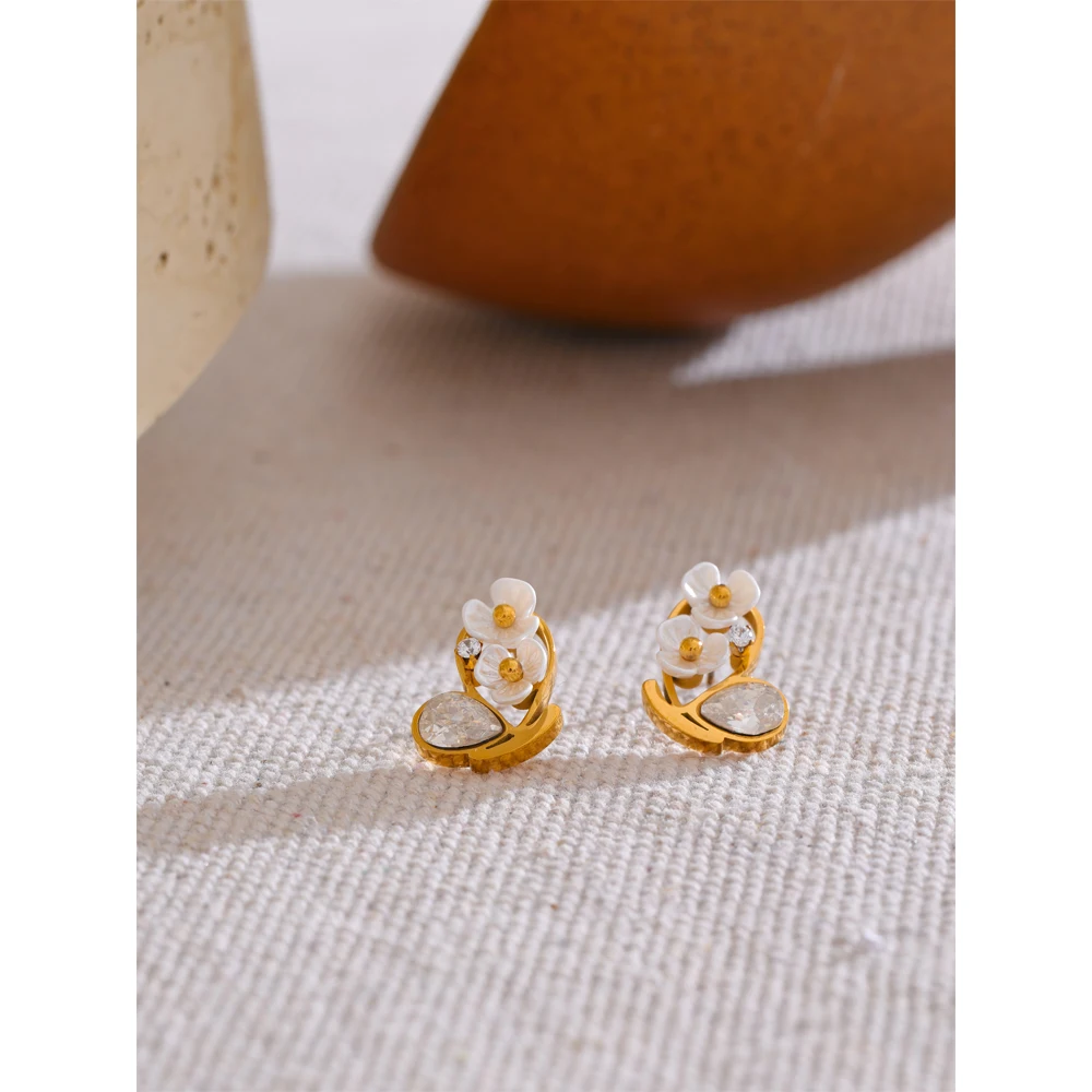 Yhpup Exquisite Stainless Steel Flower Cubic Zirconia Stud Earrings Anti Allergic Chic Daily Jewelry