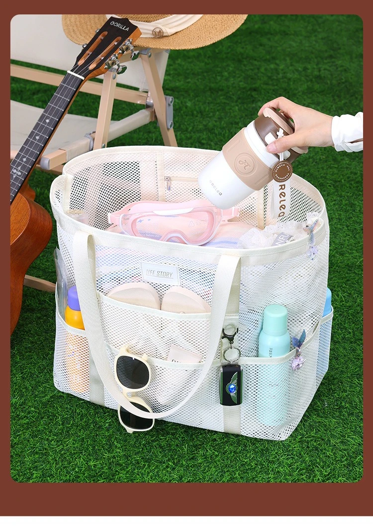 Atmungsaktive Mesh-Strandtasche mit mehreren Aufbewahrungstaschen, übergroße, schnell trocknende, wasserdichte Schultertasche für Sommersport im Freien – Detail 3