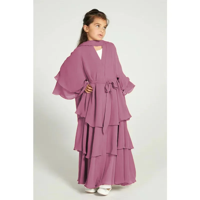 Abaya Children's Elegant Dress New Flowing Three Layer Chiffon for Girls