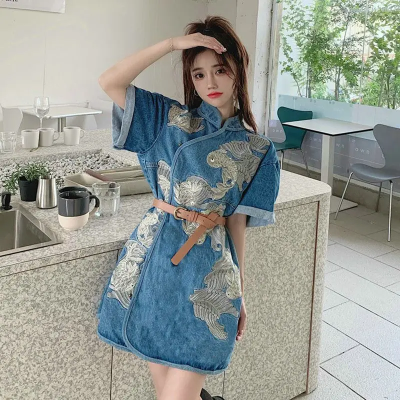 2024 chinese style vintage short sleeve qipao dress women hanfu denim skirt embroidery qipao dress casual daily embroidery dress