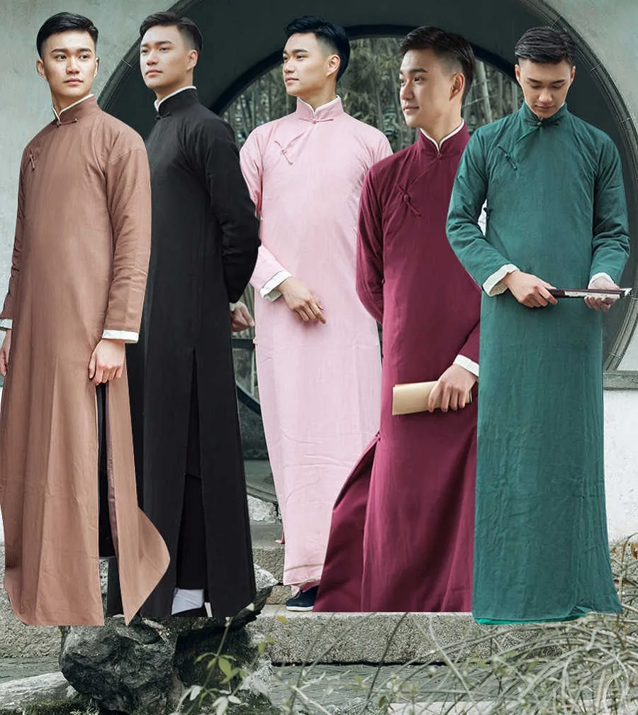 

Chinese style Long Robe Cotton Linen Cross Talk Costume in OrientTown Groomsman Outwear Annual Performance Festival Gown FE047