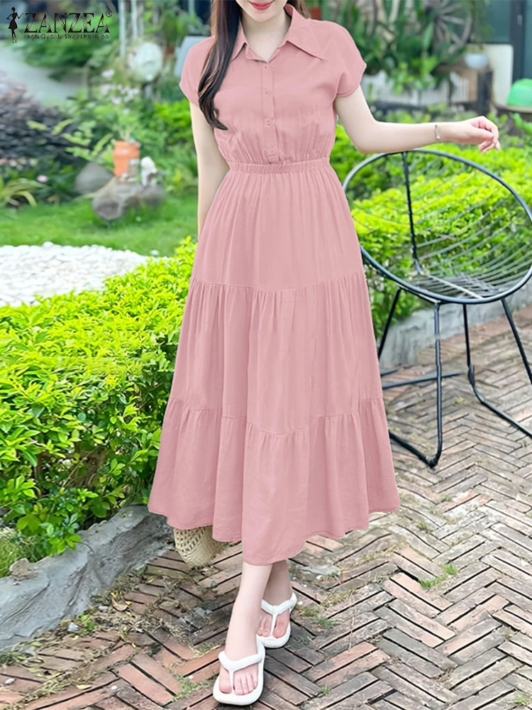 Zanzea feminino elegante em camadas midi vestidos 2025 verão moda turn-down colarinho boné manga a linha robes femme sólido camisa