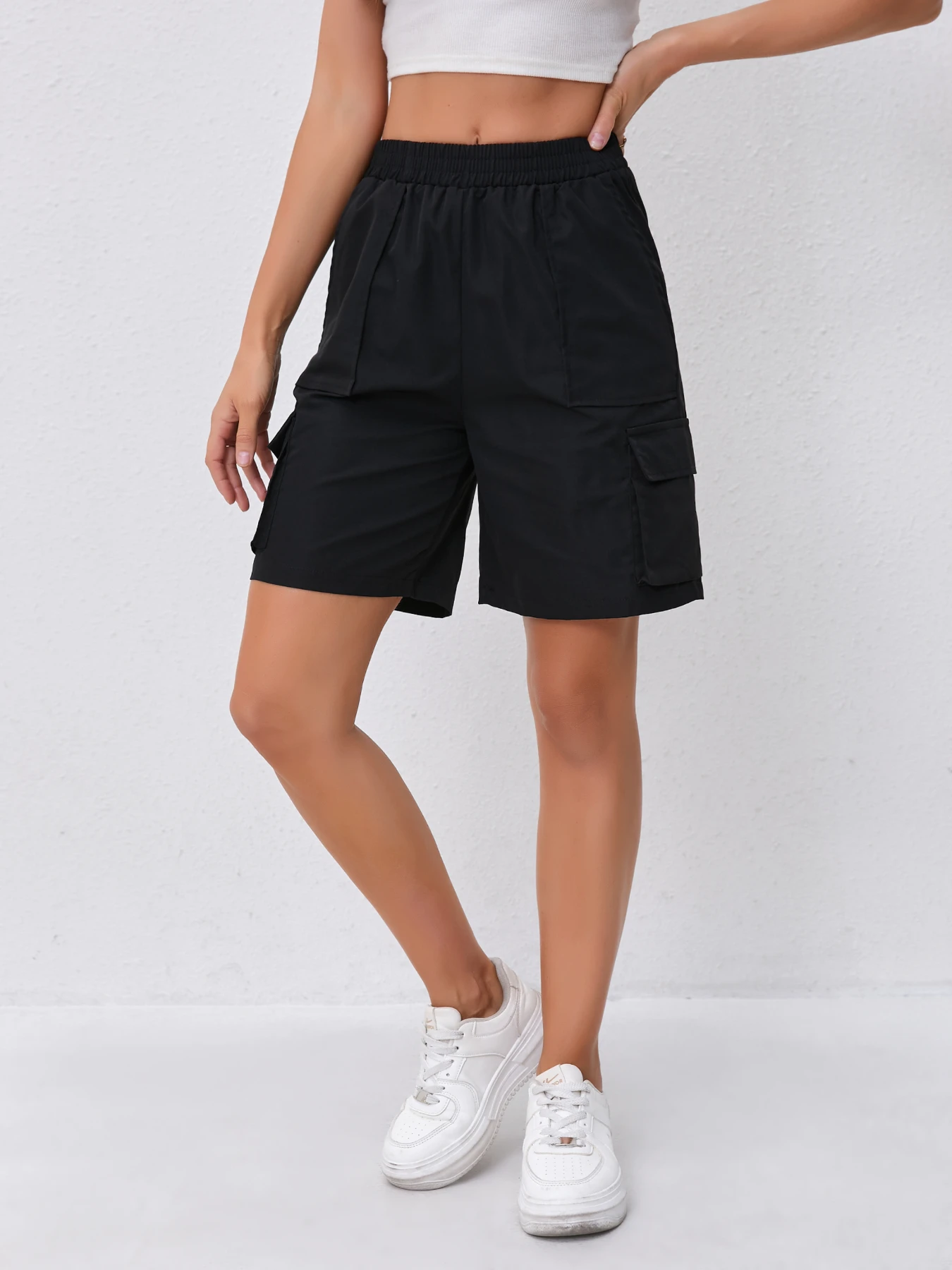 Pantaloncini cargo corti a vita alta Y2K da donna con tasche laterali per sport casual all'aria aperta.