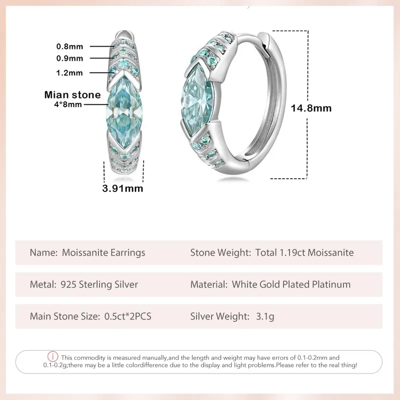 Follow Cloud 1ct 4*8mm Marquise Cut Blue Green Moissanite Diamond Hoop Earrings for Men Women S925 Sterling Silver Pass Test