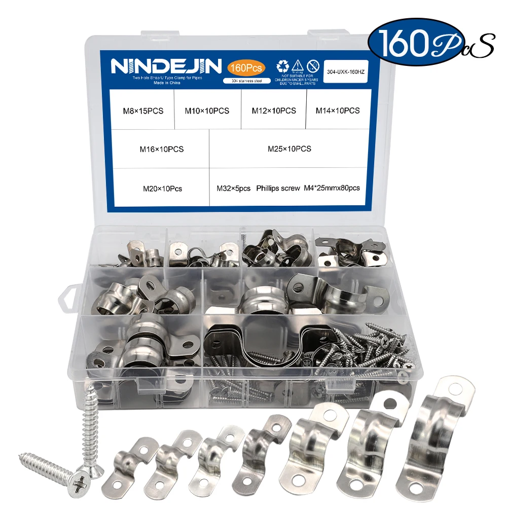 NINDEJIN 160Pcs/Set Pipe Straps U Clamp Bracket Tube Strap 8mm-32mm Stainless Steel Two Hole Strap For Pvc Pipe