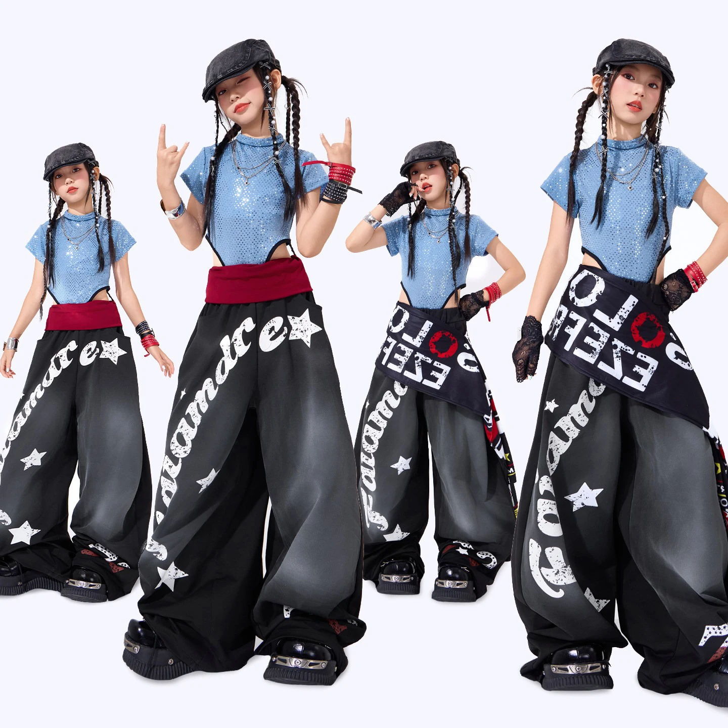 Girls Kpop Hip Hop Dance Clothes Blue Bodysuit Baggy Pants Street Dance Outfits Jazz Performance Wear Concert Stage Suit BL19619