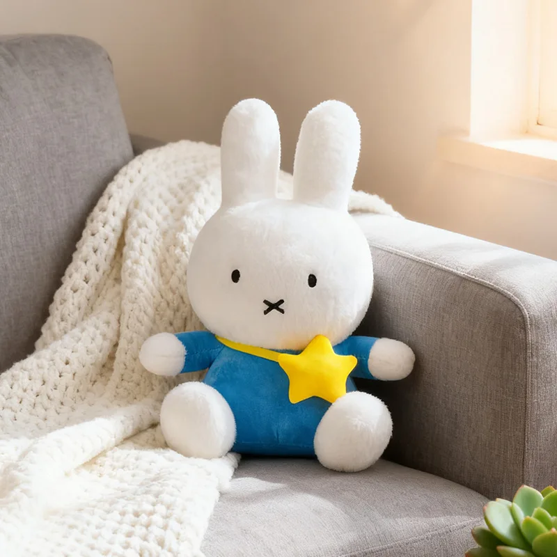 Cute Miffy Rabbit Plush Doll, Blue Outfit with Yellow Star Stuffed Bunny Toy, Soft Cartoon Figure Pillow Gift for Kids Fans